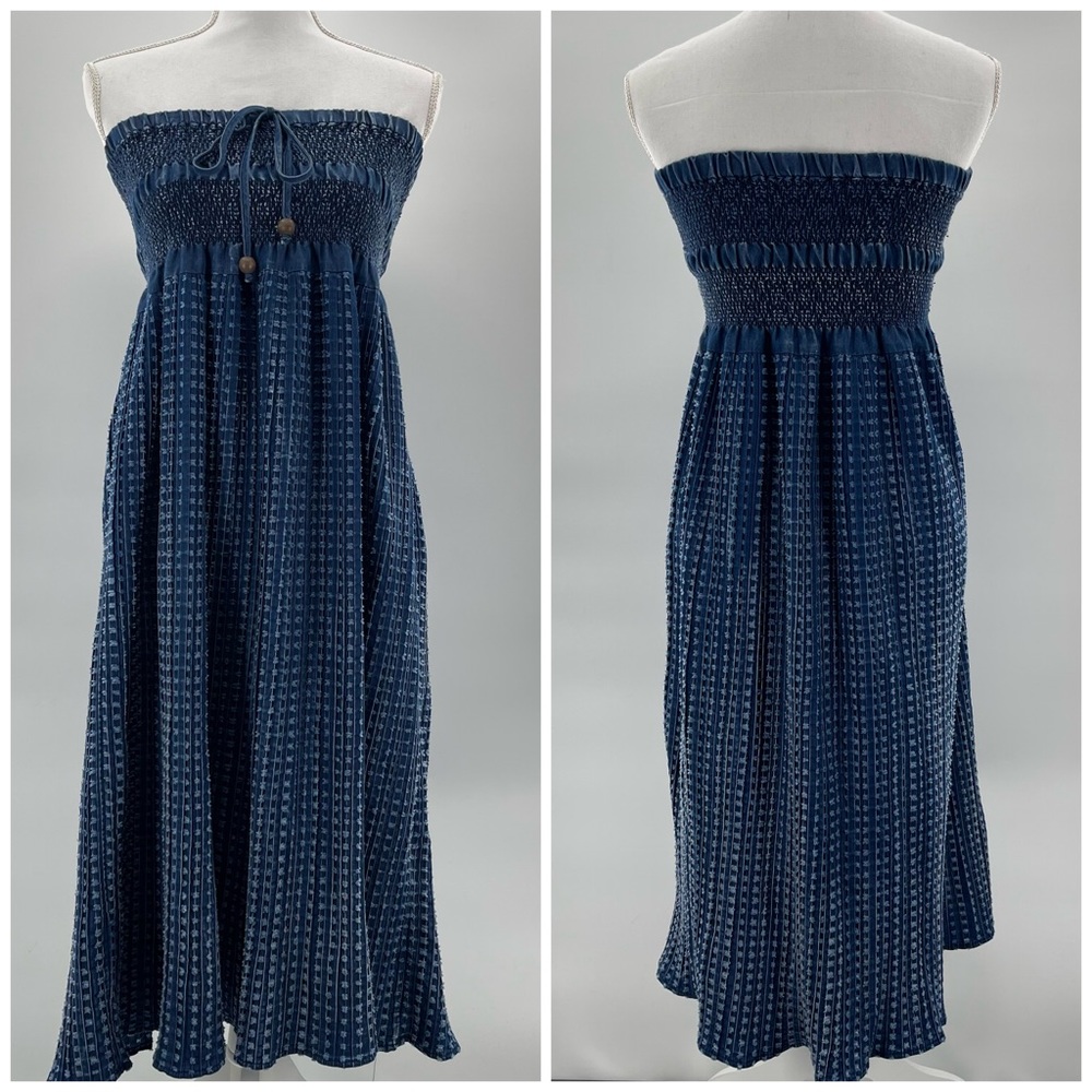 Tantrums Blue Lightweight Denim Micro Pleated Textured Strapless Midi Dress Med.